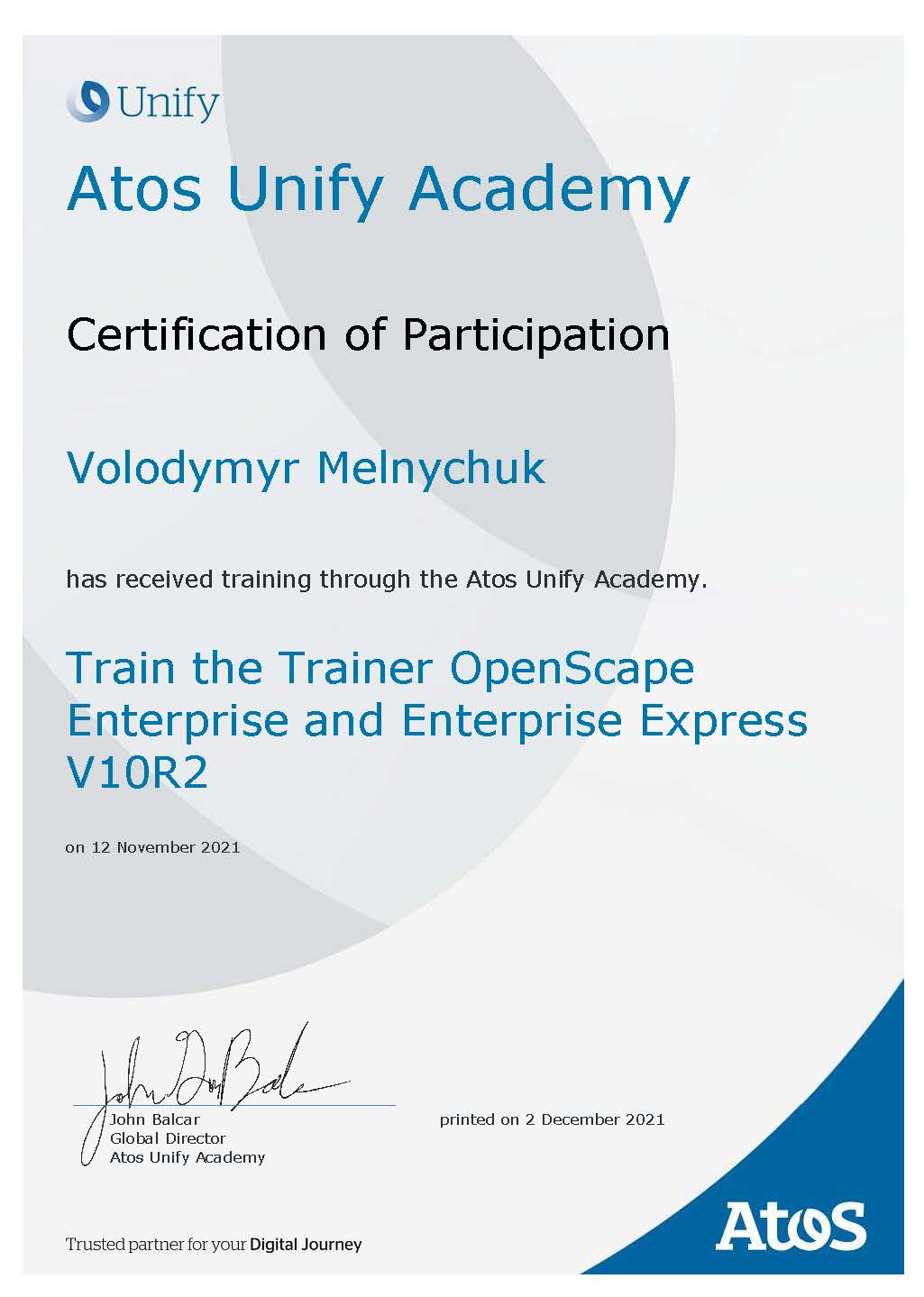 Сертификат по системам связи семейств OpenScape Business